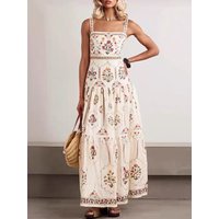 Retro geometric print sexy suspender dress 2026 summer women's dress fashionable pleated multi-layer loose A-line skirt