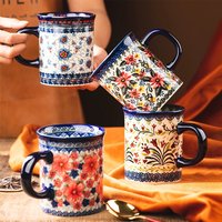 A Set of Hand-Painted Vintage Style Flower Pattern Ceramic Coffee Mug, 14oz Mug, Water Cup, Milk Mug, Unique Design Hot and Cold