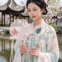 Vintage Handheld Chinese Style Fan Decorative Long Handle Circular Fan with Tassels Hanfu Fan Home Decoration