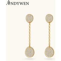 ANDYWEN 925 Sterling Silver Double Pave Disc Zircon Long Chain Drop Earrings 2026 Minimalist Rock Punk Trendy Women Fine Jewelry