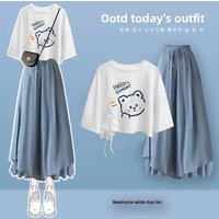Summer Loose Design Women's Student Korean Style Two-Piece Set Short Sleeve T-Shirt Wide Leg Pants Skirt Fashionable Ensemble