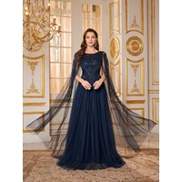 UNITHORSE Women's O-Neck Mesh Sequin Ball Gown Evening Dress