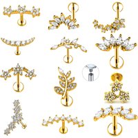 100% 316L Surgical Steel 16G Flower Leaf CZ Zircon Labret Piercing Daith Tragus Earrings Internal Thread Nail Lip Screw Stud