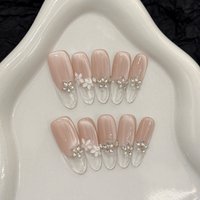 10pcs Handmade Pressed Oval Nail,Beautiful Fake Nails,Sparkling Clear Cat's Eye Zircon With Diamond Petals,Suitable For Women