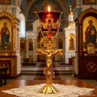 Gold Plated Orthodox Standing Cross Candle Holder with Red Glass Cup Enamel Accents for Church Altar Prayer Religious Service De