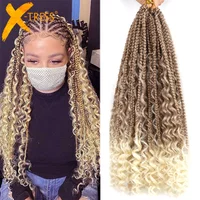 Synthetic Ombre Blonde 613 Goddess Box Braid 3X Crochet Hair With Curly End Boho Braiding Hair Pre Looped Low Temperature Fiber