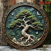 Retro 2D Round Metal Sign 7.87" - Vintage Chinese Bonsai & Flying Birds Wall Art for Home Decor
