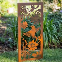 Outdoor 2D Metal Garden Wall Panel Rustic Hummingbird & Floral Art for Garden Yard Decoration