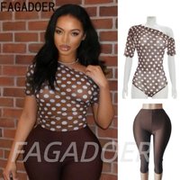 FAGADOER Polka Dot Mesh Two Piece Sets One Off Shoulder See Through Bodysuits Tops and Bodycon Shorts Outfits Streetwear Suits