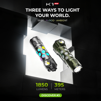 Wurkkos K1 EDC Taschenlampe 1850LM IPX8 Wasserdicht 18650 Magnetischer Schwenkgriff Doppelschalter SFT42R 4000K RGB Campinglampe