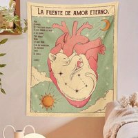VIKAMA Vintage Heart & Cat Tapestry Spanish "Eternal Love" Illustration Wall Hanging for Bedroom Living Room Homestay Decor