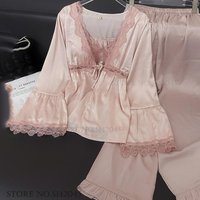 Spring Summer New 3PCS Pajamas Set Home Clothes Sexy Lace Sleepwear Retro Palace Style Trouser Pijamas Suit Satin Loungewear