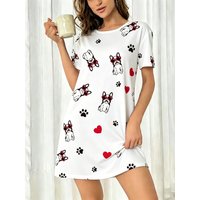 Women's Spring Summer White Sleep Dress Round Neck Short Sleeve Cute Cartoon French Bulldog Heart Paw Print