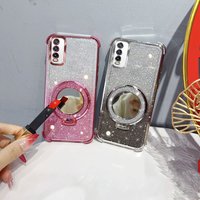 Glitter Four-Corner Shockproof Phone Case with Mirror Stand Beaded Strap For Vivo Y20 Y20a Y20i Y20t Y12s Y11s Back Cover Case