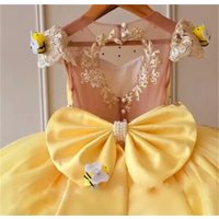 Customized Flower Girl Dress for Wedding Appliques Bow Pearls Short Sleeve High Waist Cute Kids Birthday First Communion Gown