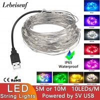 5V USB Powered LED Copper Wire Fairy Lights 10LED/m 5/10m Single/RGB Waterproof Flexible for Wedding Party Home/Garden Decor DIY