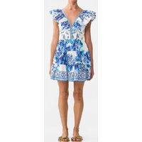 Women Blue Print Mini Dress Summer Crystal Beaded V-Neck Flying Sleeve High Waist Fashion Ladies 100% Cotton Dress