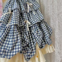 Red Blue Long Bow Sweet Printed Plaid Skirts Y2k Korean Fashion Clothing Vintage Pleated Skirt 2025 Spring New Casual