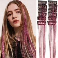 12pcs/set Clip-in Gold Glitter Hair Extensions – Fake Hair Piece with Ribbon for Party, Banquet & Costume.
