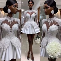فساتين سهرة Event Gala Dress Illusion Full Sleeves A Line Short Prom Party Dresses Pleated Applique Beaded Mini Dress