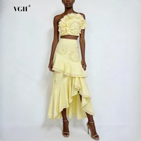 VGH Solid Spliced Folds Two Piece Set Female Strapless Sleeveless Top Beach Vacation Women's Skirt Sets Summer Fashion New Style