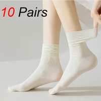 10 Pairs Women's Mid-Length Socks Trendy High Quality Black White Solid Colors Breathable Lightweight Comfortable Cute Socks