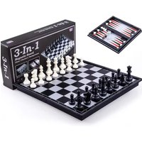 Foldable Magnetic Chess Checkers Backgammon Set - Portable 3 in 1 Chessboard for Family Fun Games