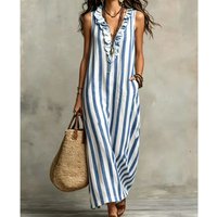 Striped V-neck Wood Ear Dress Summer Women's New Fashion Bohemian Style Pocket Sexy Sleeveless Linen Long Dress Платье Женское
