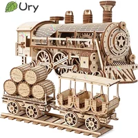 Ury 3D Wooden Puzzle Movable Retro Steam Train Double-decker Bus Handmade Assembly Truck Model DIY Toys Decoration Gift fors