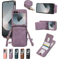 Leather Wallet Card Holder Case for Samsung Galaxy Z Flip 7 6 5 4 3 ZFlip Flip6 Flip5 Flip7 with Crossbody Lanyard Bag Cover