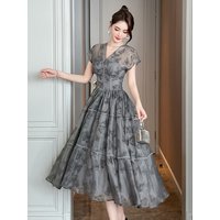 Women's French Retro Long Dress Fashion Grey Printed Short Sleeve Corset Large Swing Ball Gown Femme Party Banquet Vestidos