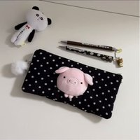Cute Piggy Plush Pencil Case Polka Dot Large Capacity Storage Bag for Girls Students Black Color Cartoon Stationery Holder Pouch