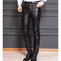 Men's Slim Fit Top Layer Cowhide Tight Casual Cycling Leather Pants