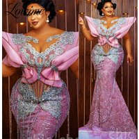 Long Sleeve Arabic Aso Ebi Mermaid Pink Prom Dresses Customize Beaded Crystals Lace Evening Dress African Formal Party Gowns