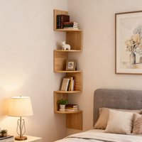 1pc 5-Tier Natural Color Wooden Corner Shelf - Space-Saving Floating Bookcase & Display Stand | Easy Assembly Storage Rack for B