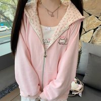 Pink Floral Cute Cat Embroidery Hooded Women Kawaii Long Sleeve Sweatshirt Girls Autumn Casual Zipper Cardigan Jacket 2025 New