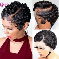 Curly Pixie Cut 13x4 Lace Front Wig Human Hair Short Layered Glueless Wig Pre Plucked with Bang for Black Women Natural Balck