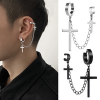 1pc Punk Cross Tassel Earrings Women Integrated Clip Stud Earring Christian Gothic Hip Hop Jewelry Metal Chain Ear Ring Earring