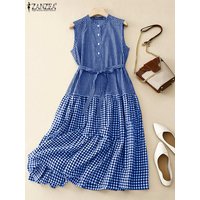 ZANZEA Women Summer Long Dress Fashion O-Neck Sleeveless Plaid Dress Holiday Beach Belted A Line Robes Casual 2025 Midi Sundress