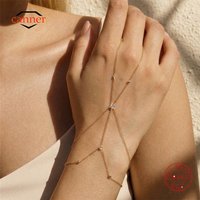 CANNER 925 Sterling Silver Stacking Simple Sparking CZ Finger Chain Ring Bracelet For Women INS Minimalism Hand Chain Bracelets