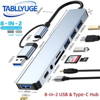 TYPE-C Hub USB3.0 Hub 8 in 2 USB Extender with SD/TF Card Reader& 3.5mm Audio Jack for MacBook/PC/Laptop/Tablet Devices Splitter