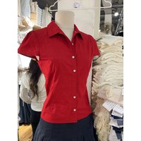 Red Basic Slim T-Shirt Blouse Woman Summer Turn Down Collar Single Breasted Cotton Tee Top Fashion Streetwear Short Sleeve Shirt