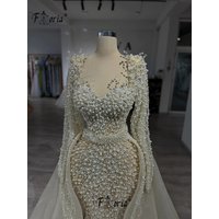 Luxo Pearl Beads Mermaid Wedding Dresses with Detachable Train Full Sleeve Dubai Woman Formal Party Dress Robe Mariee Customized