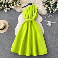 Chic One Shoulder Pleated Sleeveless Solid A-line Dress High Waist Evening Party Strapless Dress Women Summer Vestidos Clothing