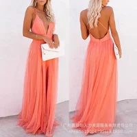Women's Evening Party High Waist Floor Length Sexy Dress Orange Sleeveless Backless Gauze Long Dress