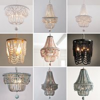 Antique Pink White Wooden Beads Chandelier Lighting Vintage French Farmhouse White Beaded Chandeliers In Bedroom Dining Room