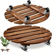2 Pack 13.8" Heavy Duty Wooden Plant Stand w/Lockable Metal Casters - Round Dolly Cart for Large Indoor/Outdoor Plant Pots Patio