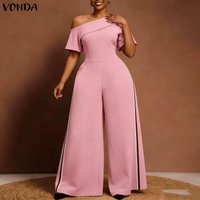 VONDA Summer Women Plus Size Jumpsuits Elegant Patchwork Short Sleeve Rompers Solid Party Playsuits Wide Leg Pants Streetwear