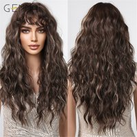 GEMMA Dark Brown Long Curly Synthetic Wig Deep Wave Cosplay Hair Wigs with Wavy Bangs for Women Daily Party Heat Resistant Fibre