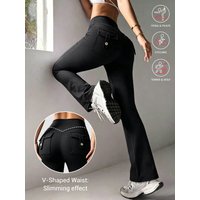 Womens High Waist Flare Pants With Pockets High Elastic Slim Long Pants Soft Comfortable Sports Yoga Base Leggings